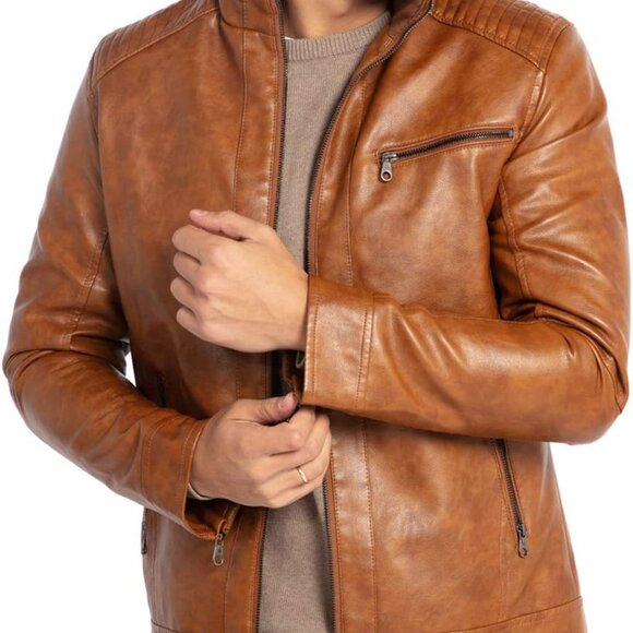 Durable Lightweight Men's Motorcycle Jacket in Brown Faux Leather – XXL Fit - Picture 3 of 5